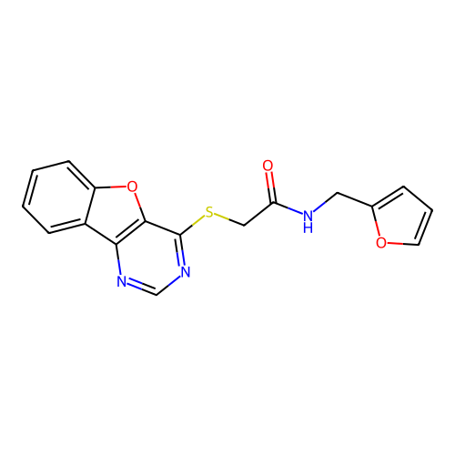 2-(benzofuro[3,2-d]pyrimidin-4-ylthio)-N-(furan-2-ylmethyl)acetamide structure