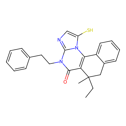 6-ethyl-1-mercapto-6-methyl-4-phenethyl-6,7-dihydrobenzo[h]imidazo[1,2-a]quinazolin-5(4H)-one structure