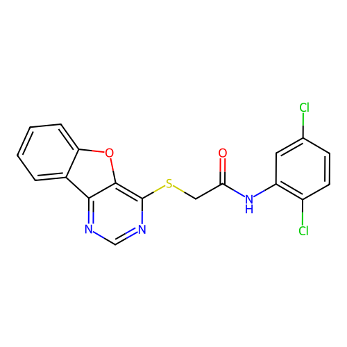 2-([1]benzofuro[3,2-d]pyrimidin-4-ylsulfanyl)-N-(2,5-dichlorophenyl)acetamide structure