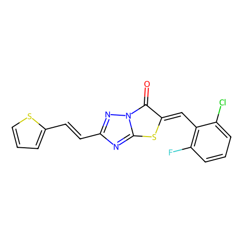 (5Z)-5-(2-chloro-6-fluorobenzylidene)-2-[(E)-2-(thiophen-2-yl)ethenyl][1,3]thiazolo[3,2-b][1,2,4]triazol-6(5H)-one structure