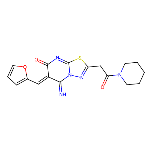(6Z)-6-(furan-2-ylmethylidene)-5-imino-2-(2-oxo-2-piperidin-1-ylethyl)-[1,3,4]thiadiazolo[3,2-a]pyrimidin-7-one structure