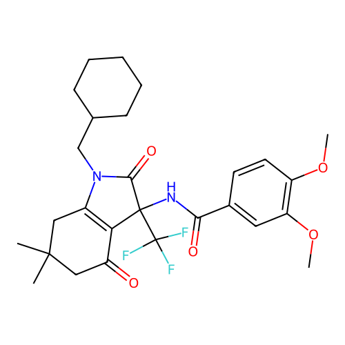 N-(1-(cyclohexylmethyl)-6,6-dimethyl-2,4-dioxo-3-(trifluoromethyl)-2,3,4,5,6,7-hexahydro-1H-indol-3-yl)-3,4-dimethoxybenzamide structure