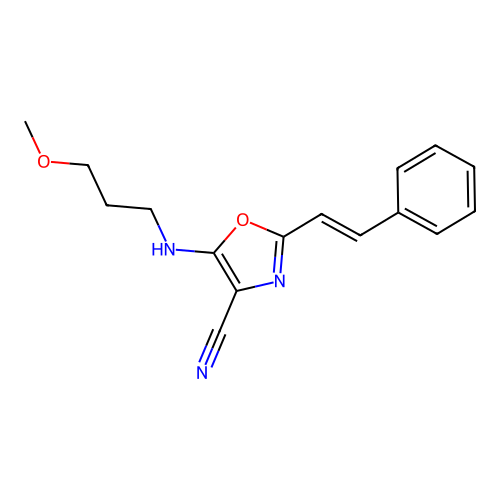 5-(3-methoxypropylamino)-2-[(E)-2-phenylethenyl]-1,3-oxazole-4-carbonitrile structure