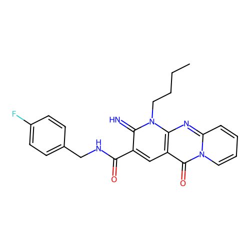 1-butyl-N-(4-fluorobenzyl)-2-imino-5-oxo-1,5-dihydro-2H-dipyrido[1,2-a:2',3'-d]pyrimidine-3-carboxamide structure