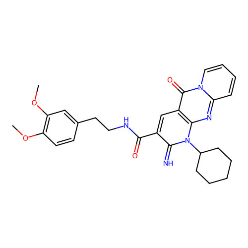 1-cyclohexyl-N-(3,4-dimethoxyphenethyl)-2-imino-5-oxo-2,5-dihydro-1H-dipyrido[1,2-a:2',3'-d]pyrimidine-3-carboxamide structure