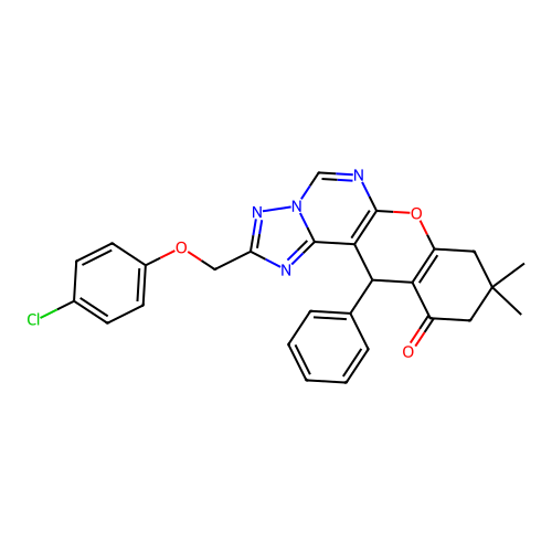 2-[(4-chlorophenoxy)methyl]-9,9-dimethyl-12-phenyl-8,9,10,12-tetrahydro-11H-chromeno[3,2-e][1,2,4]triazolo[1,5-c]pyrimidin-11-one structure
