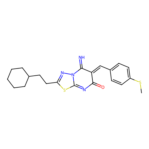 (Z)-2-(2-cyclohexylethyl)-5-imino-6-(4-(methylthio)benzylidene)-5H-[1,3,4]thiadiazolo[3,2-a]pyrimidin-7(6H)-one structure