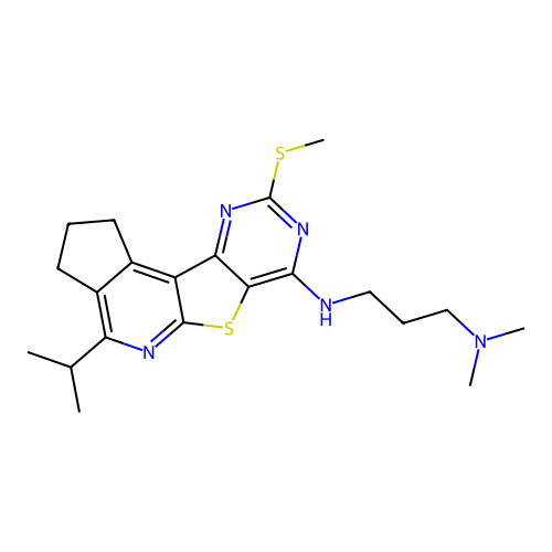 N,N-dimethyl-N'-[9-(methylsulfanyl)-4-(propan-2-yl)-2,3-dihydro-1H-cyclopenta[4',5']pyrido[3',2':4,5]thieno[3,2-d]pyrimidin-7-yl]propane-1,3-diamine structure