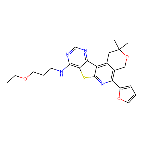 N-(3-ethoxypropyl)-5-(furan-2-yl)-2,2-dimethyl-1,4-dihydro-2H-pyrano[4'',3'':4',5']pyrido[3',2':4,5]thieno[3,2-d]pyrimidin-8-amine structure