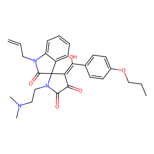 1'-(2-dimethylaminoethyl)-4'-[hydroxy-(4-propoxyphenyl)methylidene]-1-prop-2-enylspiro[indole-3,5'-pyrrolidine]-2,2',3'-trione structure