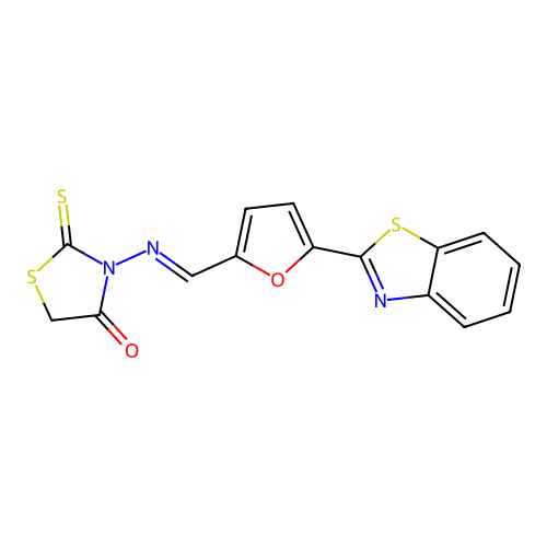 (E)-3-(((5-(benzo[d]thiazol-2-yl)furan-2-yl)methylene)amino)-2-thioxothiazolidin-4-one structure