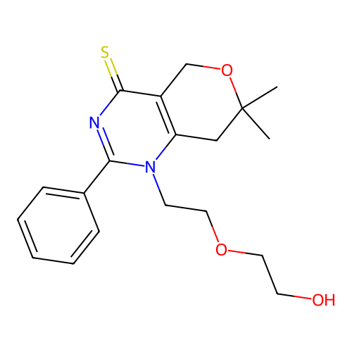 1-(2-(2-hydroxyethoxy)ethyl)-7,7-dimethyl-2-phenyl-7,8-dihydro-1H-pyrano[4,3-d]pyrimidine-4(5H)-thione structure