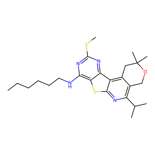 N-hexyl-2,2-dimethyl-10-(methylsulfanyl)-5-(propan-2-yl)-1,4-dihydro-2H-pyrano[4'',3'':4',5']pyrido[3',2':4,5]thieno[3,2-d]pyrimidin-8-amine structure