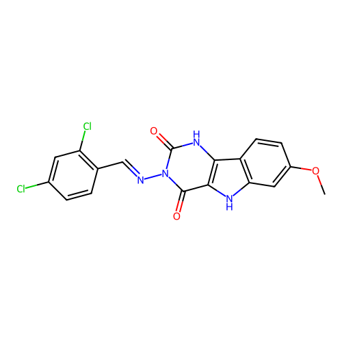 (E)-3-((2,4-dichlorobenzylidene)amino)-7-methoxy-1H-pyrimido[5,4-b]indole-2,4(3H,5H)-dione structure