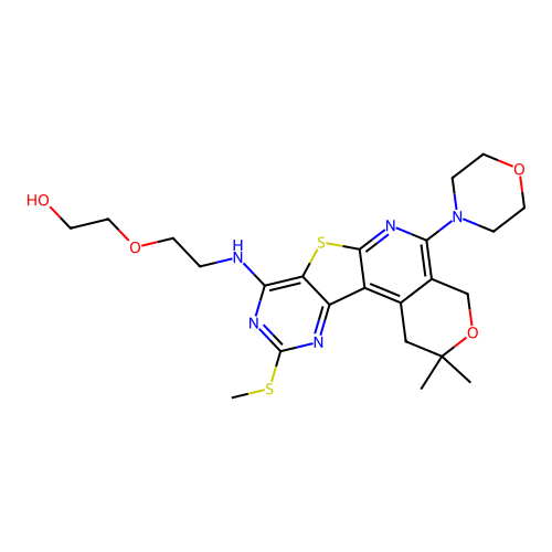 2-(2-((2,2-dimethyl-10-(methylthio)-5-morpholino-2,4-dihydro-1H-pyrano[4'',3'':4',5']pyrido[3',2':4,5]thieno[3,2-d]pyrimidin-8-yl)amino)ethoxy)ethanol structure