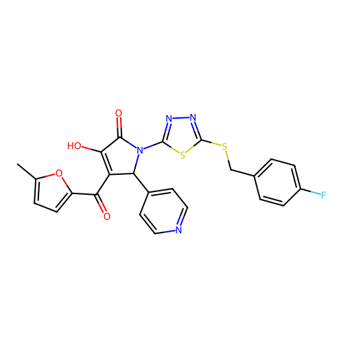 (4E)-1-{5-[(4-fluorobenzyl)sulfanyl]-1,3,4-thiadiazol-2-yl}-4-[hydroxy(5-methylfuran-2-yl)methylidene]-5-(pyridin-4-yl)pyrrolidine-2,3-dione structure
