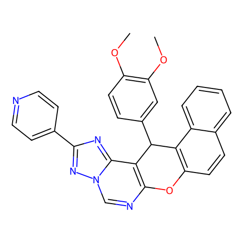 14-(3,4-dimethoxyphenyl)-2-(pyridin-4-yl)-14H-benzo[5,6]chromeno[3,2-e][1,2,4]triazolo[1,5-c]pyrimidine structure