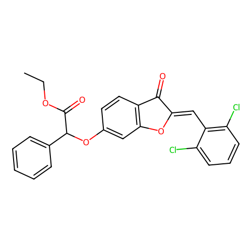 Ethyl 2-[2-[(2,6-dichlorophenyl)methylidene]-3-oxo-benzofuran-6-yl]oxy-2-phenyl-acetate structure
