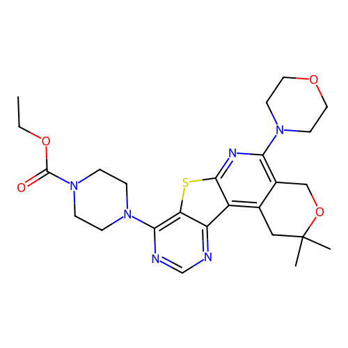 ethyl 4-(2,2-dimethyl-5-morpholino-2,4-dihydro-1H-pyrano[4'',3'':4',5']pyrido[3',2':4,5]thieno[3,2-d]pyrimidin-8-yl)piperazine-1-carboxylate structure