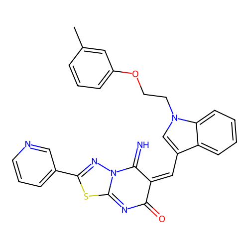 (E)-5-imino-2-(pyridin-3-yl)-6-((1-(2-(m-tolyloxy)ethyl)-1H-indol-3-yl)methylene)-5H-[1,3,4]thiadiazolo[3,2-a]pyrimidin-7(6H)-one structure