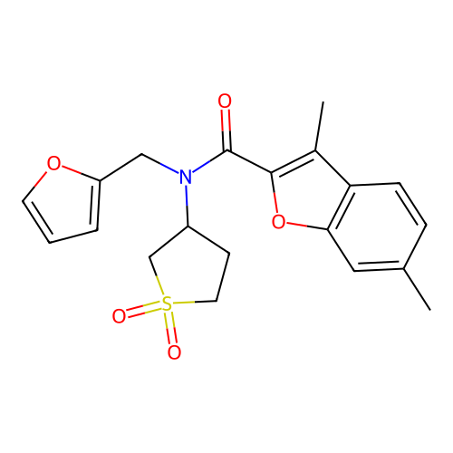 N-(1,1-dioxidotetrahydrothiophen-3-yl)-N-(furan-2-ylmethyl)-3,6-dimethyl-1-benzofuran-2-carboxamide structure