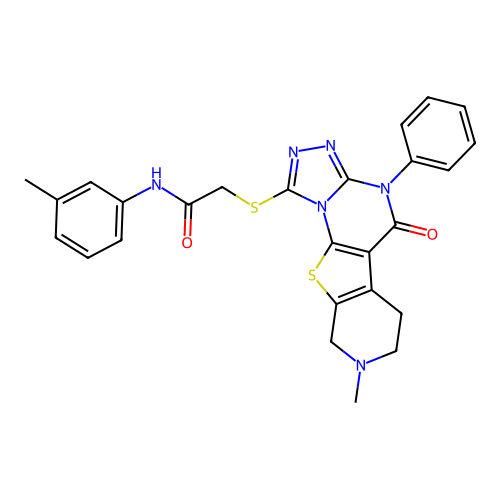 2-((8-methyl-5-oxo-4-phenyl-4,5,6,7,8,9-hexahydropyrido[4',3':4,5]thieno[3,2-e][1,2,4]triazolo[4,3-a]pyrimidin-1-yl)thio)-N-(m-tolyl)acetamide structure
