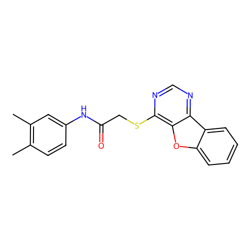 2-([1]benzofuro[3,2-d]pyrimidin-4-ylsulfanyl)-N-(3,4-dimethylphenyl)acetamide structure
