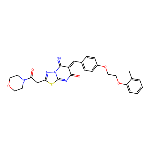 (6Z)-5-imino-6-[[4-[2-(2-methylphenoxy)ethoxy]phenyl]methylidene]-2-(2-morpholin-4-yl-2-oxoethyl)-[1,3,4]thiadiazolo[3,2-a]pyrimidin-7-one structure