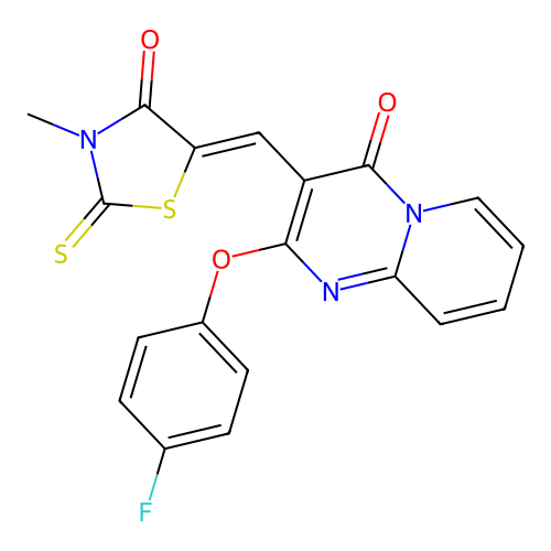 2-(4-fluorophenoxy)-3-[(Z)-(3-methyl-4-oxo-2-thioxo-1,3-thiazolidin-5-ylidene)methyl]-4H-pyrido[1,2-a]pyrimidin-4-one structure
