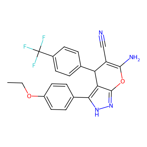 6-amino-3-(4-ethoxyphenyl)-4-[4-(trifluoromethyl)phenyl]-2,4-dihydropyrano[2,3-c]pyrazole-5-carbonitrile structure