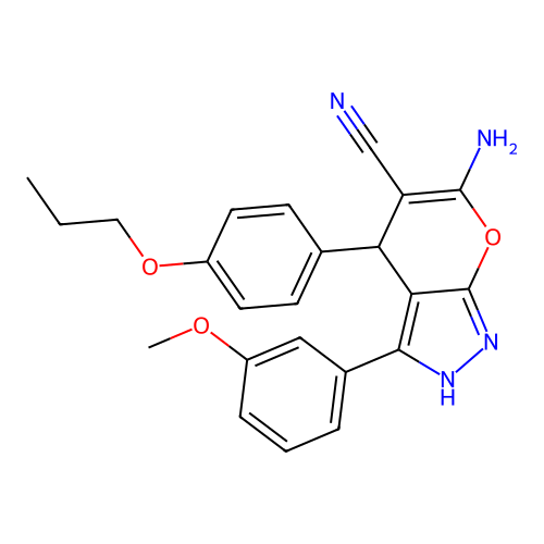 6-amino-3-(3-methoxyphenyl)-4-(4-propoxyphenyl)-2,4-dihydropyrano[2,3-c]pyrazole-5-carbonitrile structure