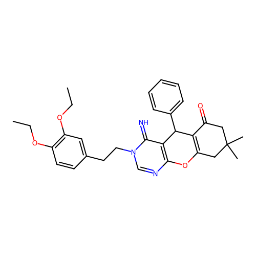 3-[2-(3,4-diethoxyphenyl)ethyl]-4-imino-8,8-dimethyl-5-phenyl-3,4,5,7,8,9-hexahydro-6H-chromeno[2,3-d]pyrimidin-6-one structure
