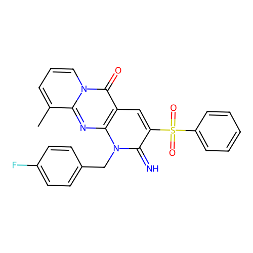 5-(benzenesulfonyl)-7-[(4-fluorophenyl)methyl]-6-imino-11-methyl-1,7,9-triazatricyclo[8.4.0.0^{3,8}]tetradeca-3(8),4,9,11,13-pentaen-2-one structure