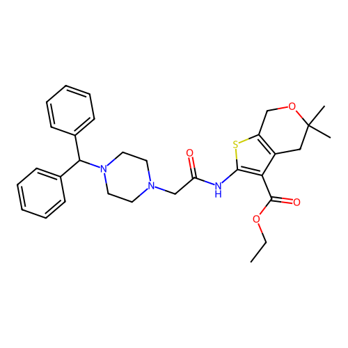 ethyl 2-({[4-(diphenylmethyl)piperazin-1-yl]acetyl}amino)-5,5-dimethyl-4,7-dihydro-5H-thieno[2,3-c]pyran-3-carboxylate structure