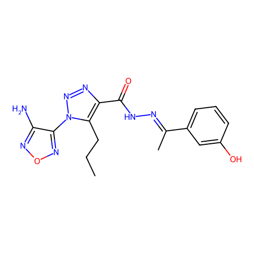 (E)-1-(4-amino-1,2,5-oxadiazol-3-yl)-N'-(1-(3-hydroxyphenyl)ethylidene)-5-propyl-1H-1,2,3-triazole-4-carbohydrazide structure