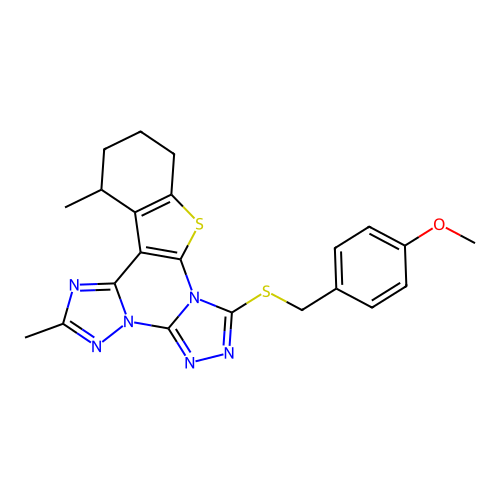7-[(4-methoxybenzyl)sulfanyl]-2,13-dimethyl-10,11,12,13-tetrahydro[1]benzothieno[3,2-e]bis[1,2,4]triazolo[4,3-a:1',5'-c]pyrimidine structure