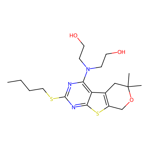 2,2'-((2-(butylthio)-6,6-dimethyl-6,8-dihydro-5H-pyrano[4',3':4,5]thieno[2,3-d]pyrimidin-4-yl)azanediyl)diethanol structure