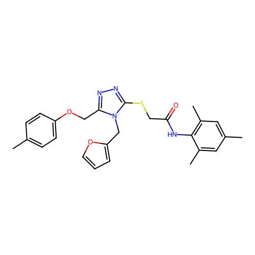 2-((4-(furan-2-ylmethyl)-5-((p-tolyloxy)methyl)-4H-1,2,4-triazol-3-yl)thio)-N-mesitylacetamide structure