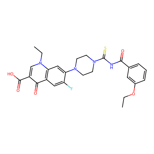 7-(4-((3-ethoxybenzoyl)carbamothioyl)piperazin-1-yl)-1-ethyl-6-fluoro-4-oxo-1,4-dihydroquinoline-3-carboxylic acid structure
