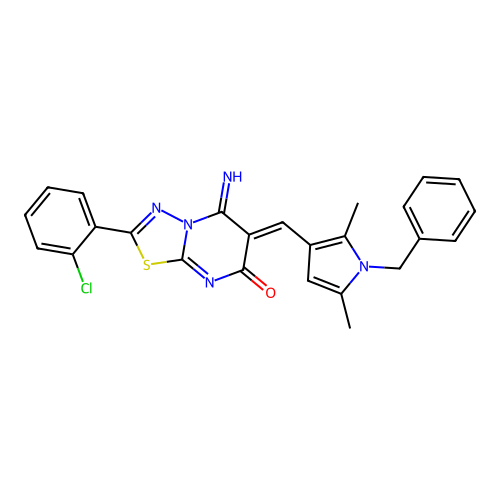 (6Z)-6-[(1-benzyl-2,5-dimethyl-1H-pyrrol-3-yl)methylidene]-2-(2-chlorophenyl)-5-imino-5,6-dihydro-7H-[1,3,4]thiadiazolo[3,2-a]pyrimidin-7-one structure