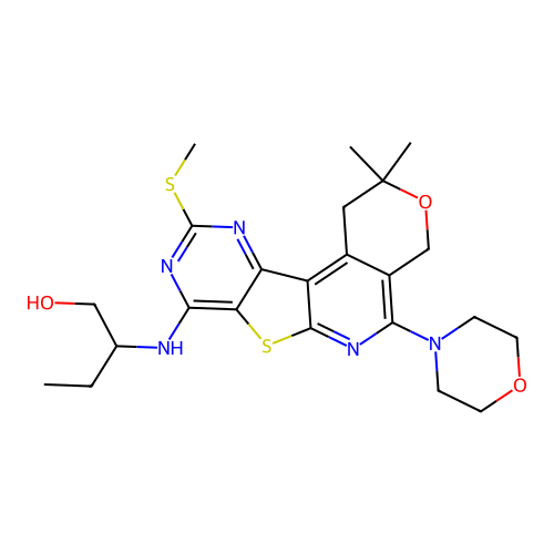 2-((2,2-dimethyl-10-(methylthio)-5-morpholino-2,4-dihydro-1H-pyrano[4'',3'':4',5']pyrido[3',2':4,5]thieno[3,2-d]pyrimidin-8-yl)amino)butan-1-ol structure