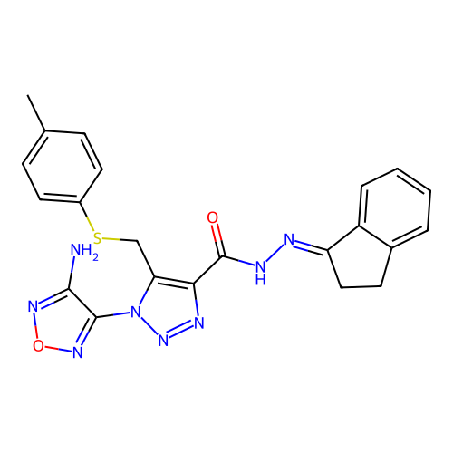 (E)-1-(4-amino-1,2,5-oxadiazol-3-yl)-N'-(2,3-dihydro-1H-inden-1-ylidene)-5-((p-tolylthio)methyl)-1H-1,2,3-triazole-4-carbohydrazide structure