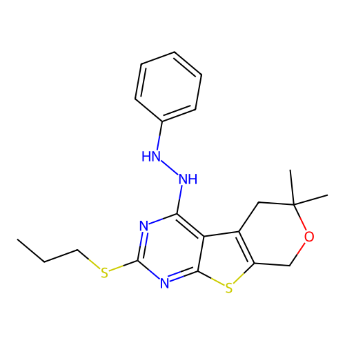 6,6-dimethyl-4-(2-phenylhydrazinyl)-2-(propylsulfanyl)-5,8-dihydro-6H-pyrano[4',3':4,5]thieno[2,3-d]pyrimidine structure