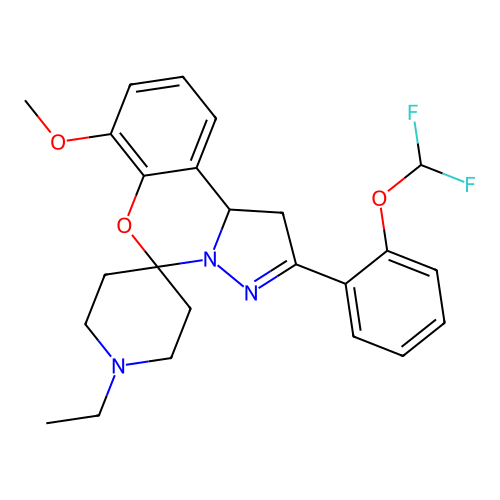2'-[2-(difluoromethoxy)phenyl]-1-ethyl-7'-methoxy-1',10b'-dihydrospiro[piperidine-4,5'-pyrazolo[1,5-c][1,3]benzoxazine] structure