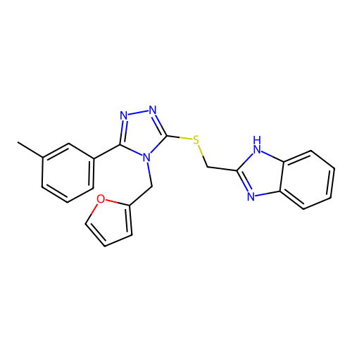 2-(((4-(furan-2-ylmethyl)-5-(m-tolyl)-4H-1,2,4-triazol-3-yl)thio)methyl)-1H-benzo[d]imidazole structure