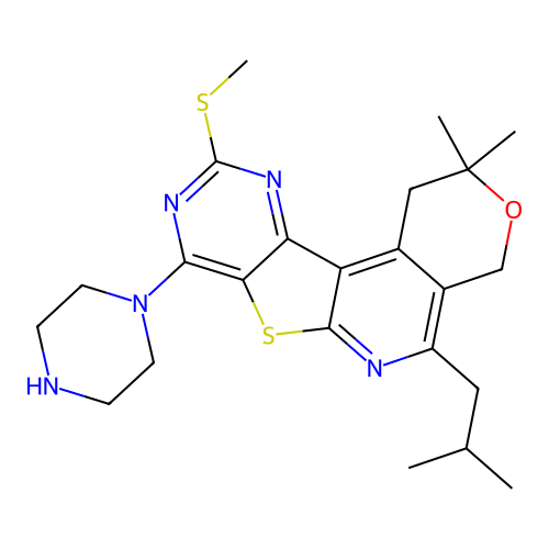 2,2-dimethyl-5-(2-methylpropyl)-10-(methylsulfanyl)-8-(piperazin-1-yl)-1,4-dihydro-2H-pyrano[4'',3'':4',5']pyrido[3',2':4,5]thieno[3,2-d]pyrimidine structure