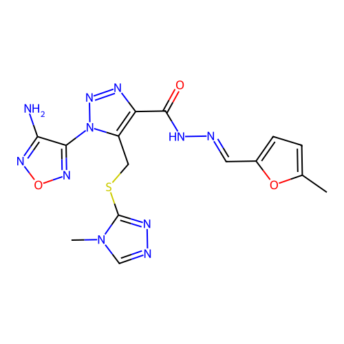 (E)-1-(4-amino-1,2,5-oxadiazol-3-yl)-5-(((4-methyl-4H-1,2,4-triazol-3-yl)thio)methyl)-N'-((5-methylfuran-2-yl)methylene)-1H-1,2,3-triazole-4-carbohydrazide structure