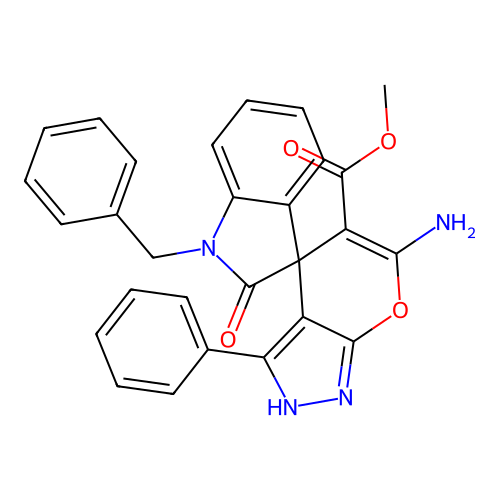 methyl 6'-amino-1-benzyl-2-oxo-3'-phenyl-1'H-spiro[indoline-3,4'-pyrano[2,3-c]pyrazole]-5'-carboxylate structure