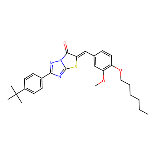 (5Z)-2-(4-tert-butylphenyl)-5-[4-(hexyloxy)-3-methoxybenzylidene][1,3]thiazolo[3,2-b][1,2,4]triazol-6(5H)-one structure