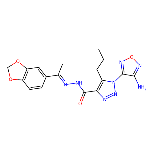 (E)-1-(4-amino-1,2,5-oxadiazol-3-yl)-N'-(1-(benzo[d][1,3]dioxol-5-yl)ethylidene)-5-propyl-1H-1,2,3-triazole-4-carbohydrazide structure
